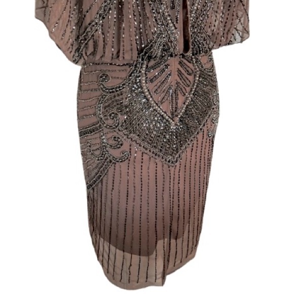 1920s Flapper Aidan Mattox 2 Tan Beaded Sheer Illusion Nude Designer Extra Smsll - Picture 7 of 12